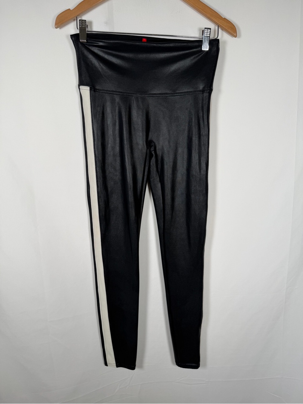 SPANX Black Faux Leather Leggings with White Side‎ Stripe
